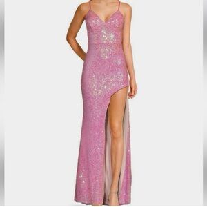 Spaghetti-Strap Pink Sequin High slit formal dress